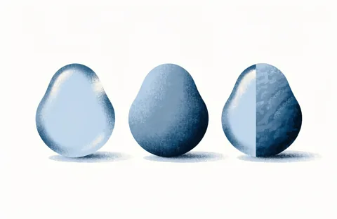 Three rounded shapes on a cream background: a translucent drop of pale blue liquid, a solid blue stone and a third one half liquid and half solid.