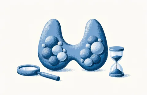 A butterfly-shaped thyroid in blue with several round nodules of different sizes inside, next to a magnifying glass and an hourglass.
