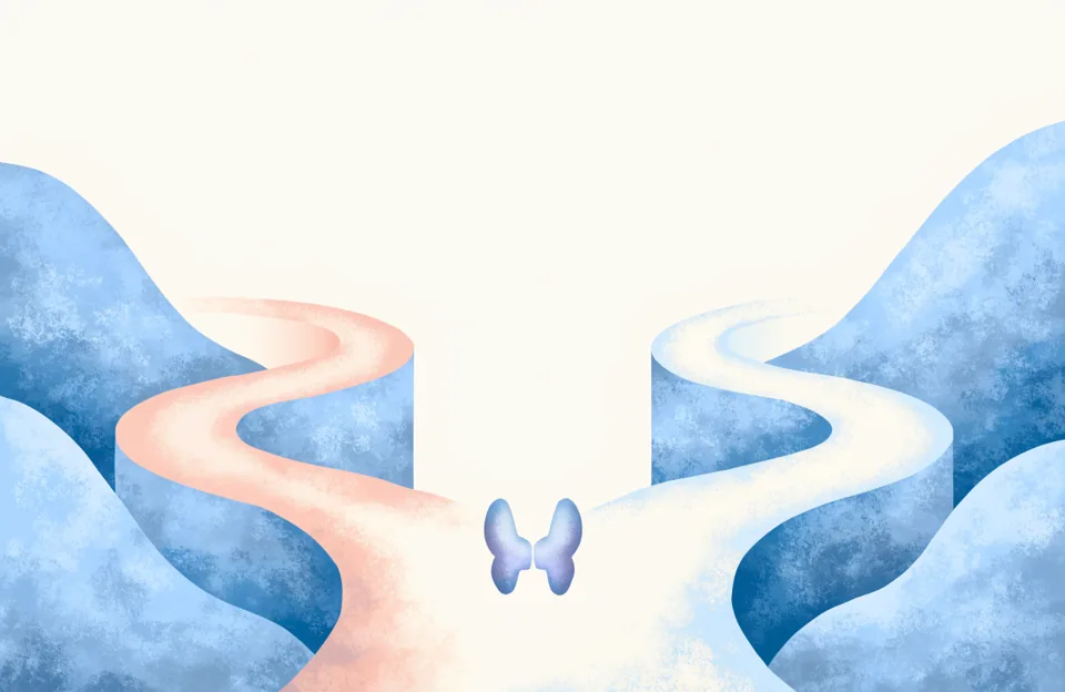 Two paths parting in a soft landscape, with a small butterfly-shaped thyroid at the fork.