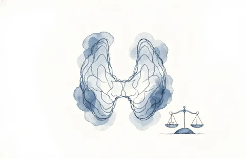 Drawing of a butterfly-shaped thyroid next to a small scale with a tablet on one pan.