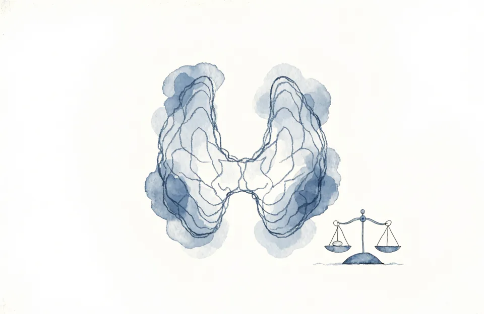 Drawing of a butterfly-shaped thyroid next to a small scale with a tablet on one pan.