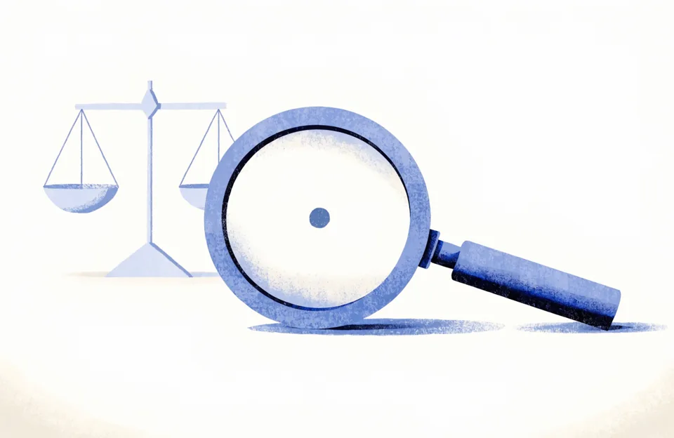 A large magnifying glass on a cream surface enlarging a tiny blue dot, with a balanced two-pan scale in the background.