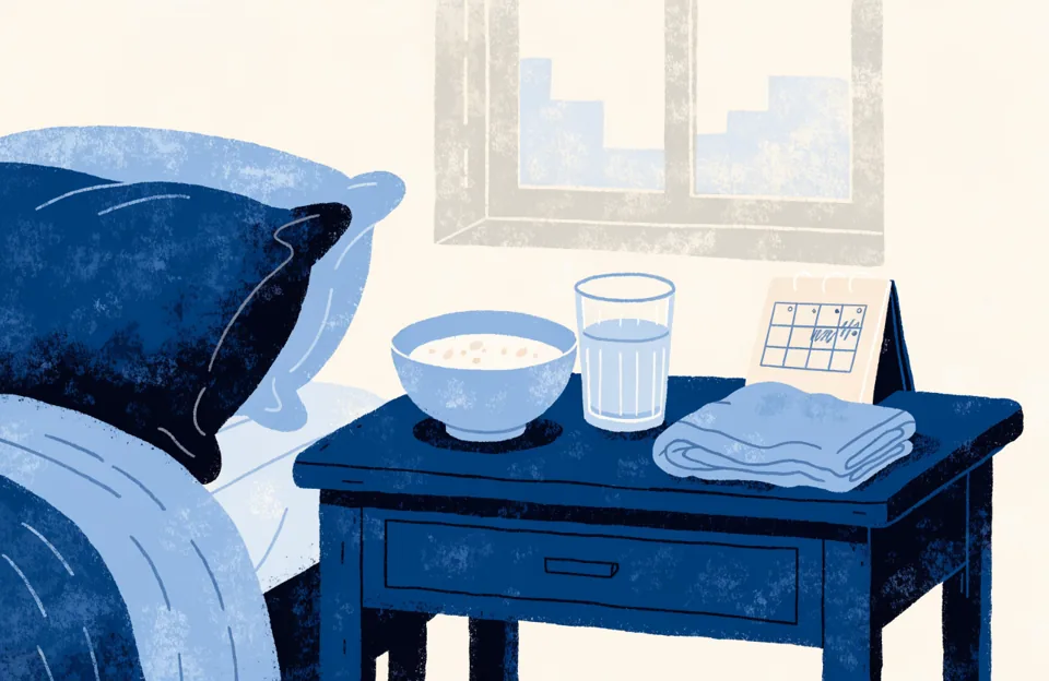 A home recovery scene: a bowl of soup, a glass of water, a folded blanket and a small calendar on a bedside table.