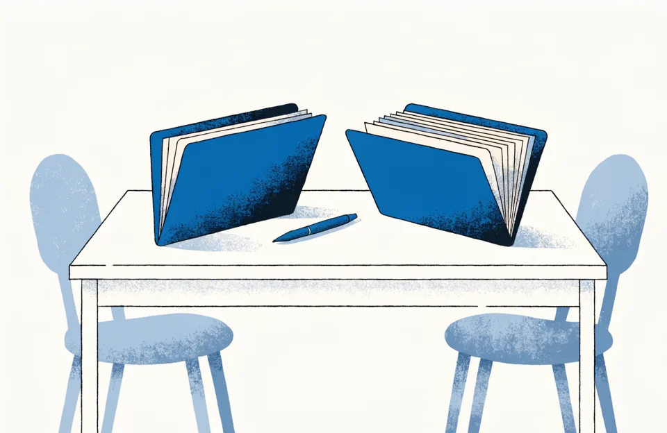 Two blue folders on a desk, one closed and one open, with a pen between them and two chairs facing each other behind.