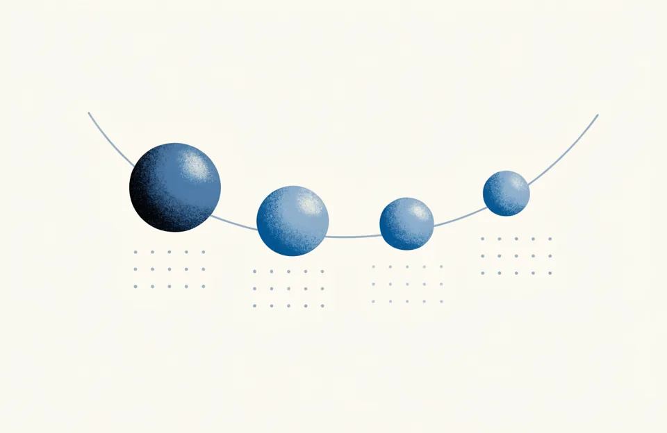 Four blue spheres getting smaller along a curved line, with calendar dots underneath.