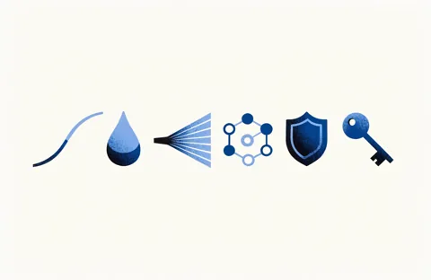 Six abstract symbols in a row on cream paper: a curved line, a drop, a beam of light, a molecule, a shield and a key.