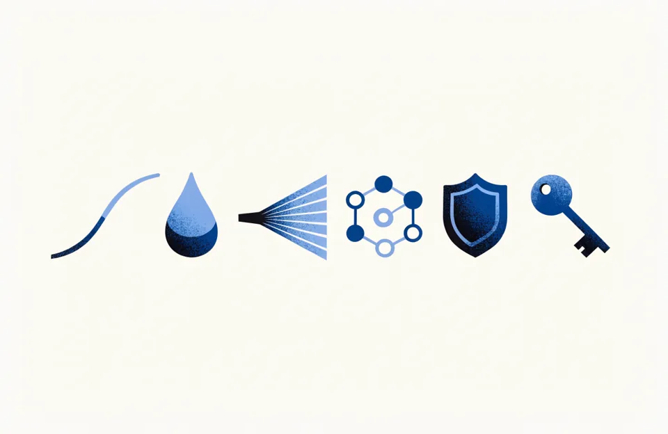Six abstract symbols in a row on cream paper: a curved line, a drop, a beam of light, a molecule, a shield and a key.
