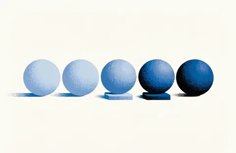 Five spheres in a row shifting from pale sky blue to deep blue, and the third and fourth rest on small pedestals.