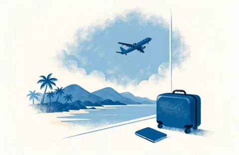 A small suitcase and a passport by an airport window, with a plane taking off over a coastline with palm trees and mountains.